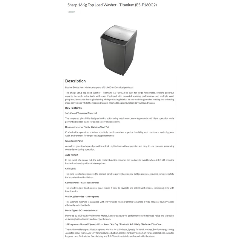Sharp ES-F160G2 16KG Top Load Washer