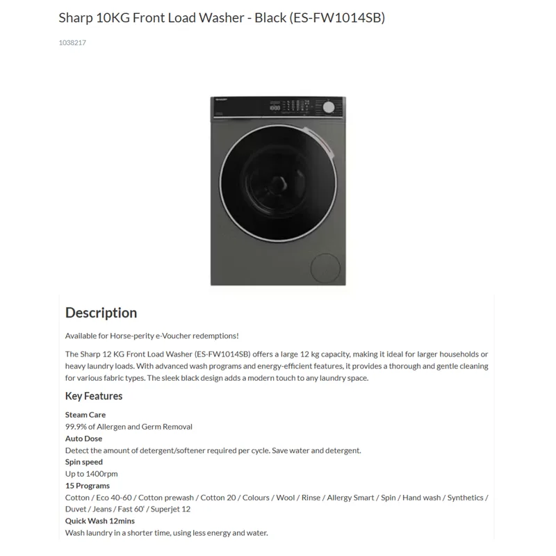 Sharp ES-FW1014SB 10KG Front Load Washer