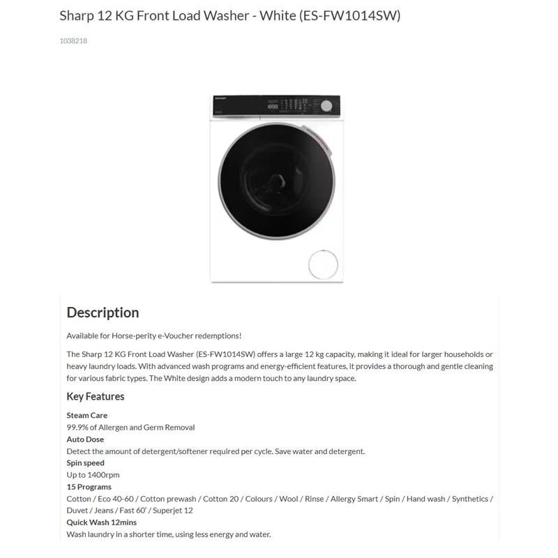 Sharp ES-FW1014SW 10KG Front Load Washer