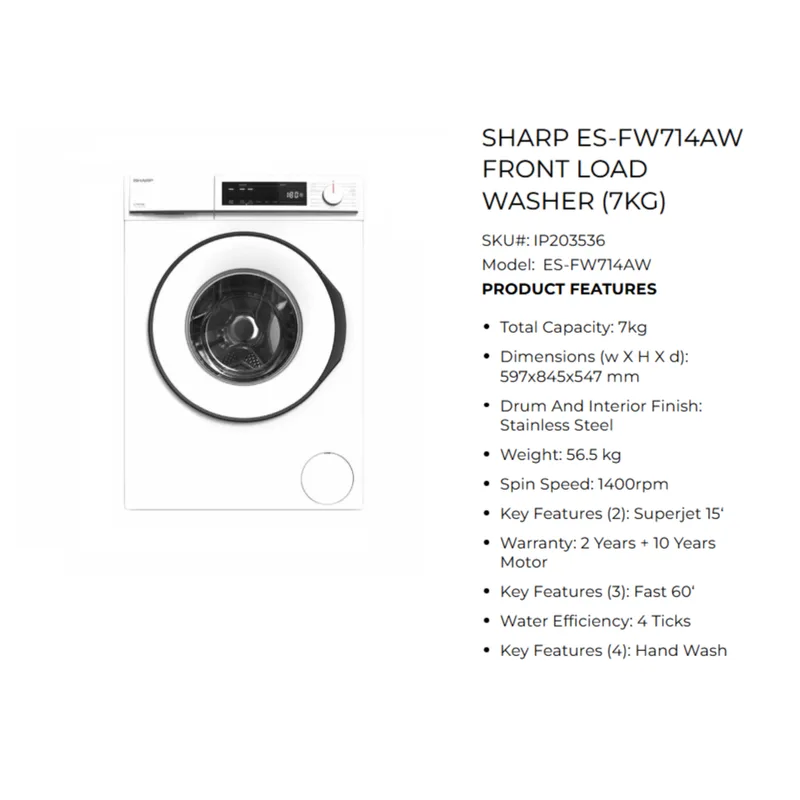 Sharp ES-FW714AW 7KG Front Load Washer
