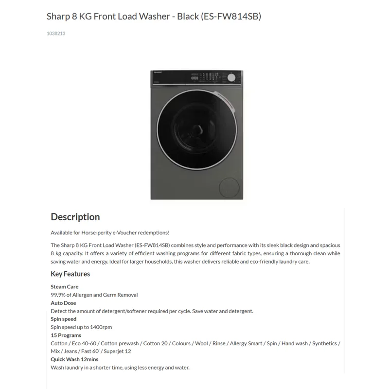 Sharp ES-FW814SB 8KG Front Load Washer