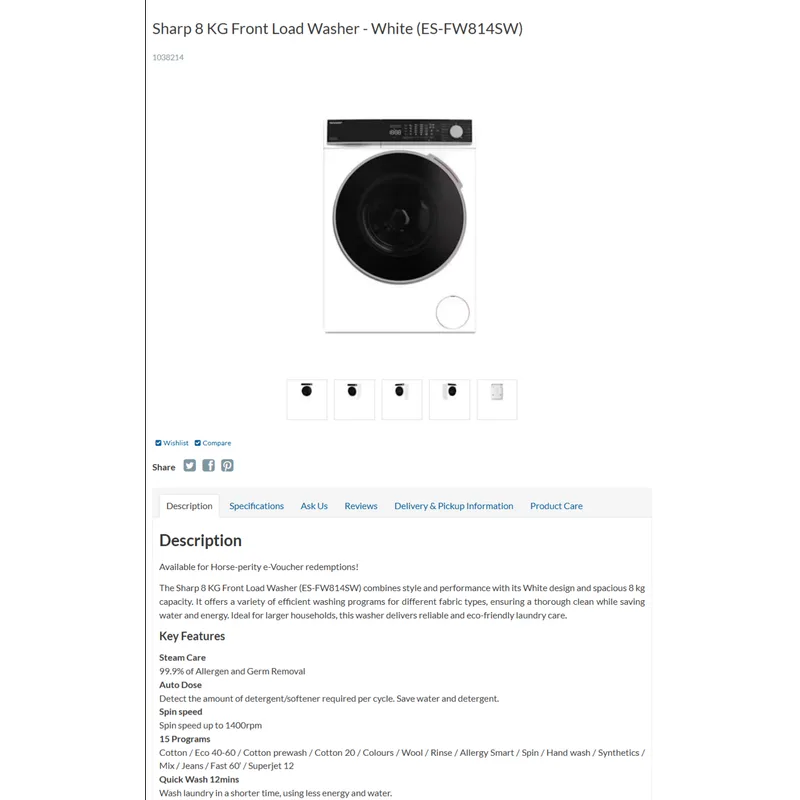 Sharp ES-FW814SW 8KG Front Load Washer