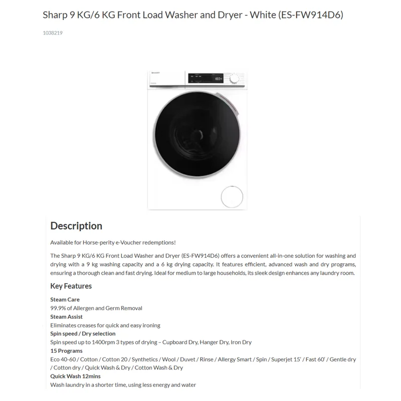 Sharp ES-FW914D6 9/6KG Front Load Washer Dryer