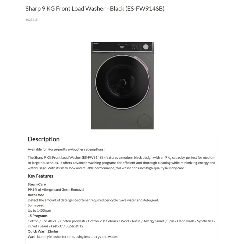 Sharp ES-FW914SB 9KG Front Load Washer