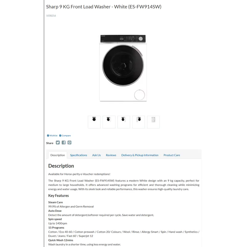 Sharp ES-FW914SW 9KG Front Load Washer
