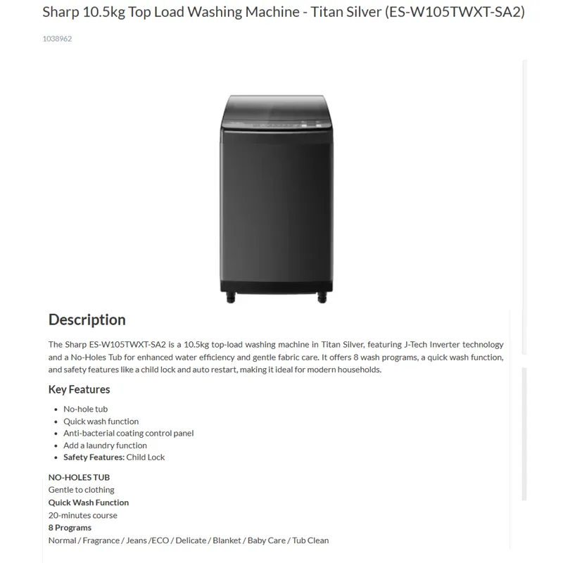 Sharp ES-W105TWXT-SA2 10.5KG Top Load Washer