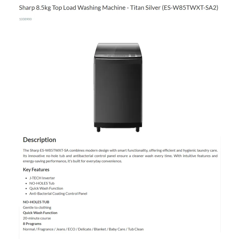 Sharp ES-W85TWXT-SA2 8.5KG Top Load Washer