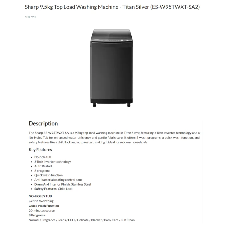 Sharp ES-W95TWXT-SA2 9.5KG Top Load Washer