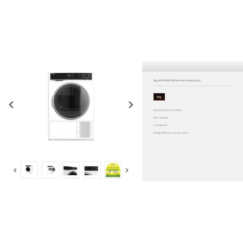 Sharp KD-HD9S7GW-W 9KG Front Load Heat Pump Tumble Dryer