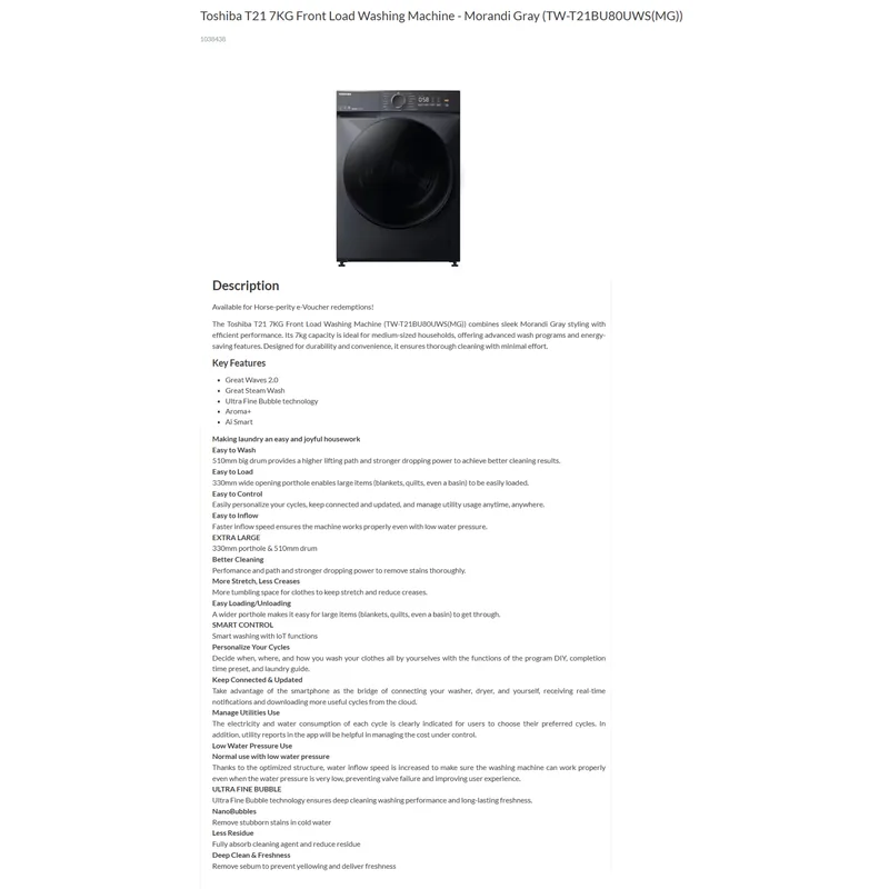 Toshiba TW-T21BU80UWS(MG) 7KG Front Load Washer