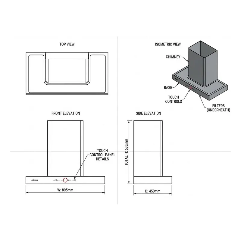 EuropAce ECH9201DBK 90cm 2000m³/h T-Shape Chimney Hood