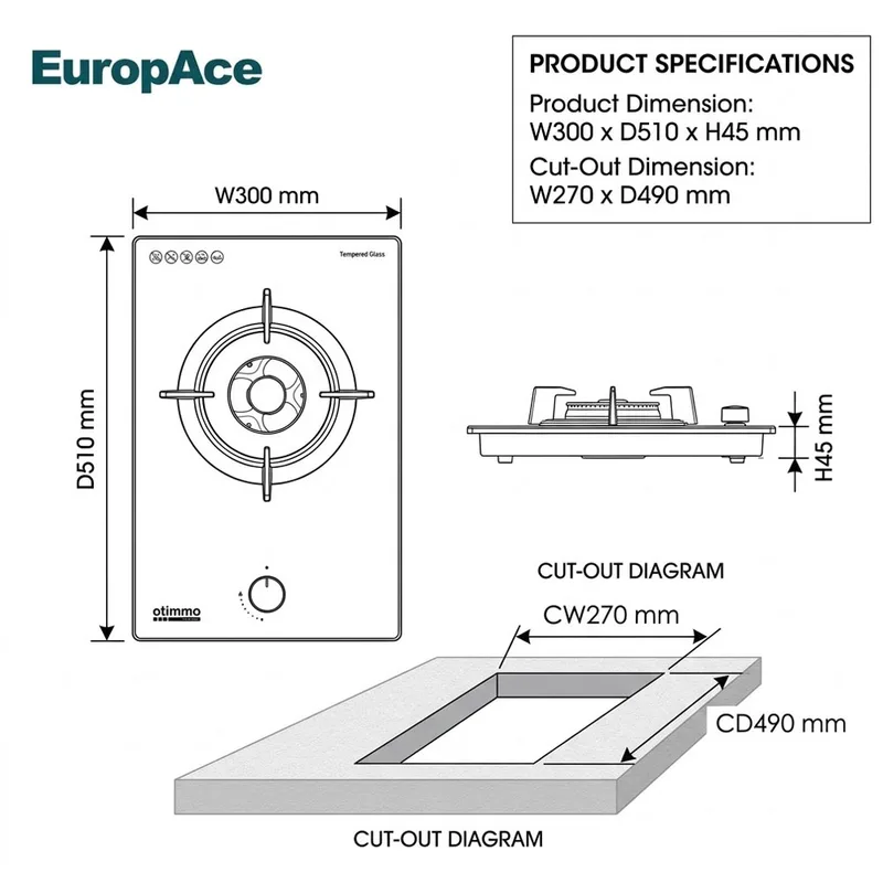 EuropAce EBH6130E 30cm Built-In Gas Hob