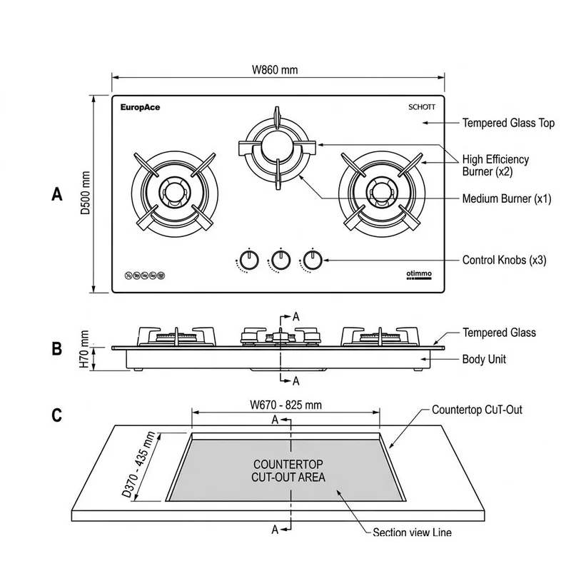 EuropAce EBH6391S 90cm Built-In Gas Hob