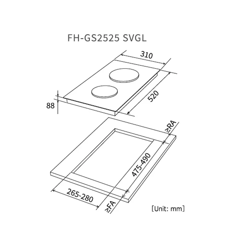Fujioh FH-GS2525-SVGL Domino Glass Gas Hob (2 Burner)
