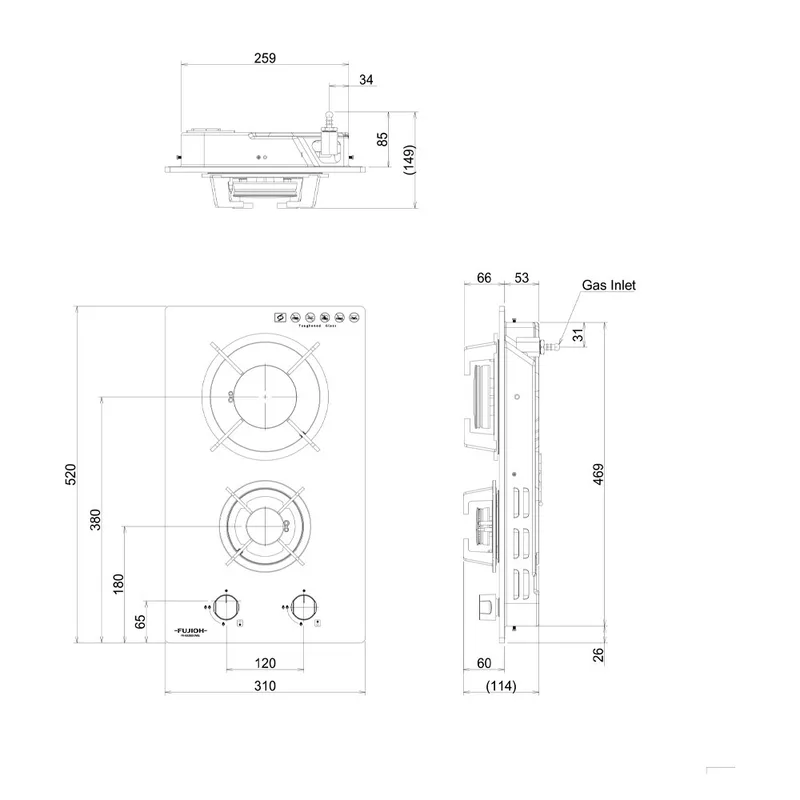 Fujioh FH-GS2525-SVGL Domino Glass Gas Hob (2 Burner)