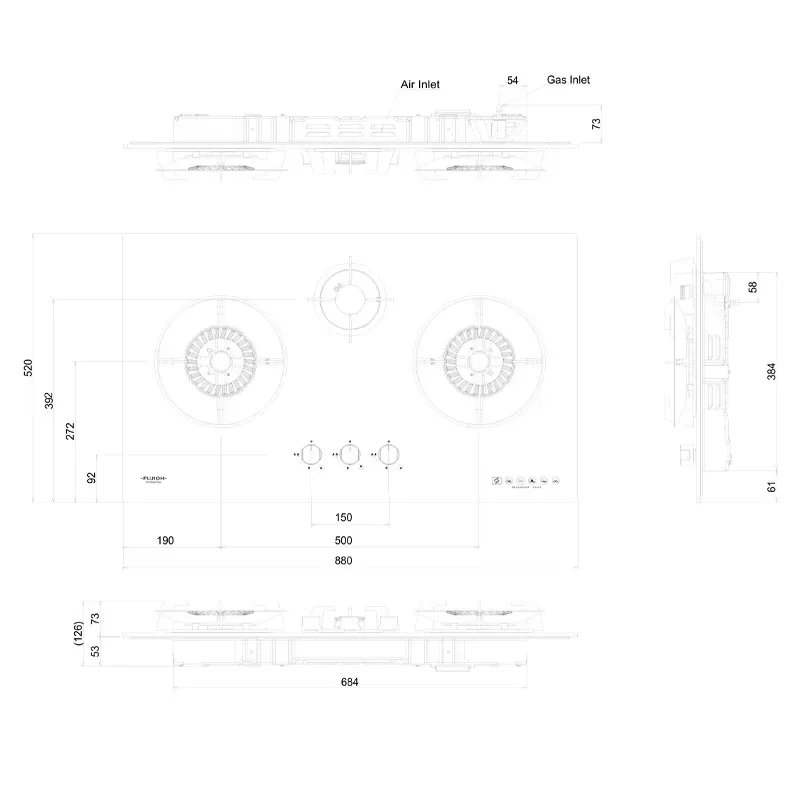 Fujioh FH-GS6530-SVGL 3 Burner Glass Gas Hob