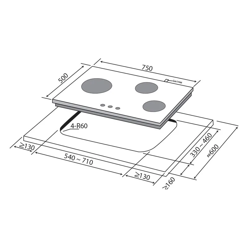 Mayer MMGH7503HI 75cm 3 Burner Glass Gas Hob