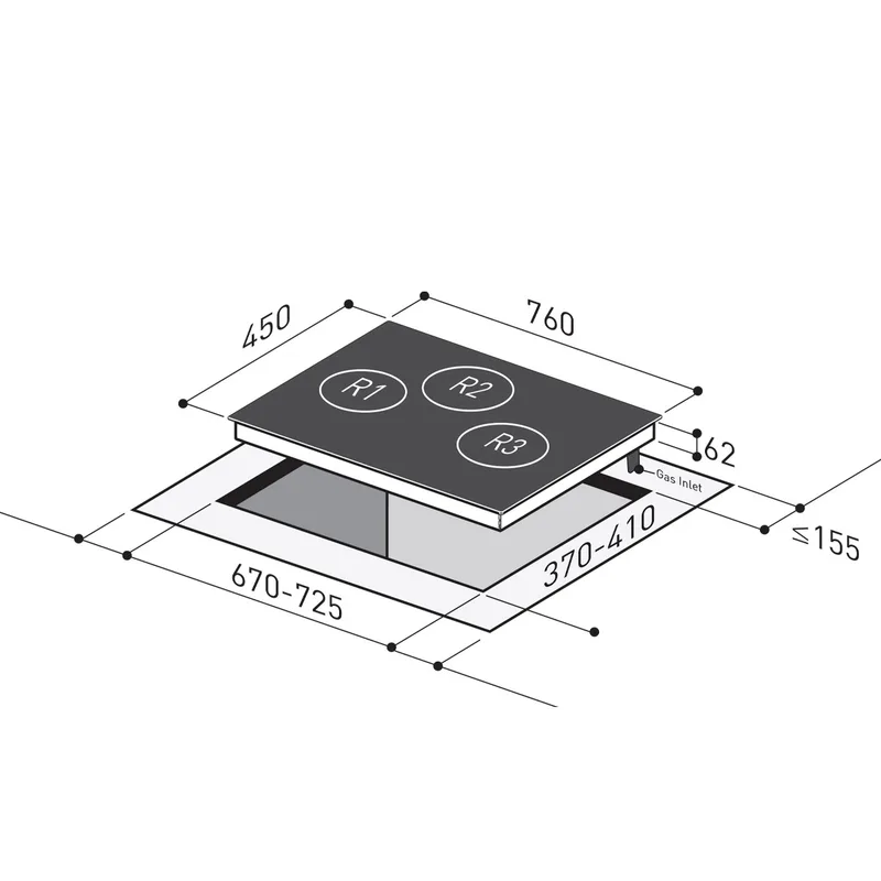Mayer MMGH793HE 76cm 3 Burner Glass Gas Hob