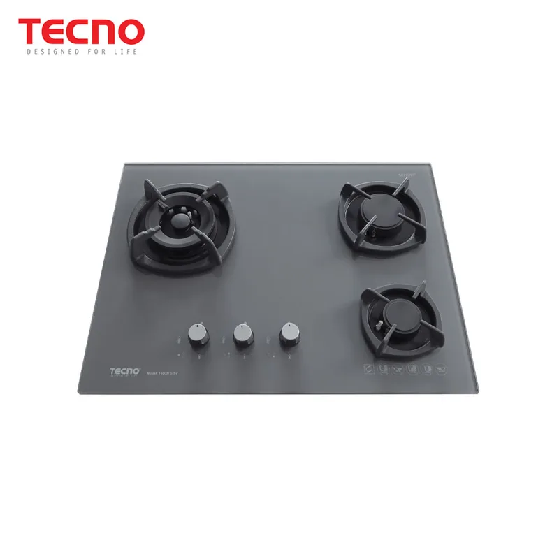 Tecno T-6000TGSV-CGY 3-Burner 65cm Glass Cooker Hob with Inferno Wok Burner Technology (Ceran Grey)