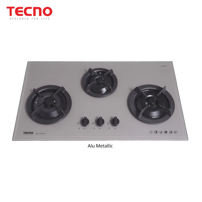 Tecno T333TGSV-ALMT 3-Burner 90cm Tempered Glass Cooker Hob (Alu Metalic)