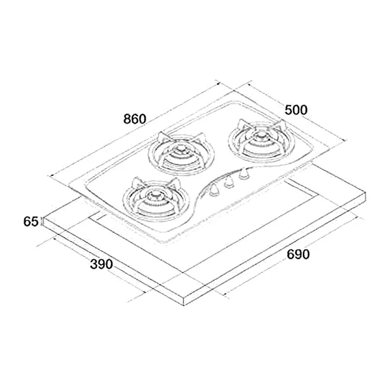 Tecno T333TGSV-ALMT 3-Burner 90cm Tempered Glass Cooker Hob (Alu Metalic)