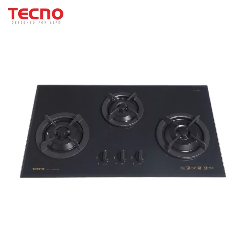 Tecno T333TGSV-KTBK 3-Burner 90cm Tempered Glass Cooker Hob (Kettle Black)