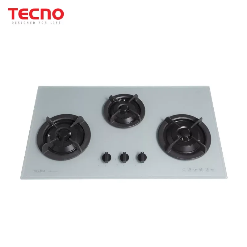 Tecno T333TGSV-SLVR 3-Burner 90cm Tempered Glass Cooker Hob (Brushed Silver)