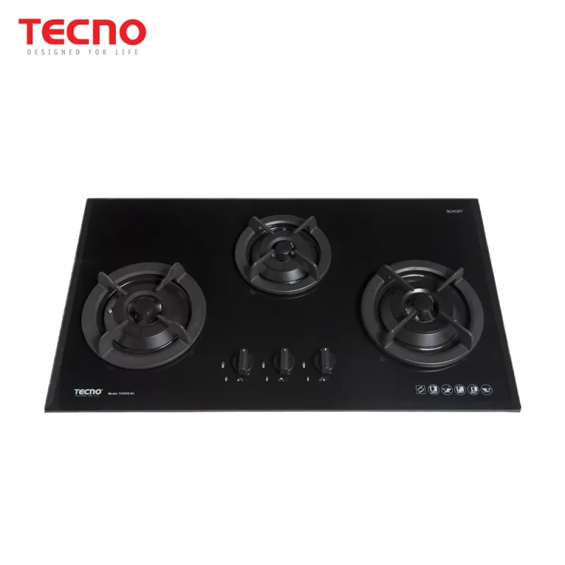 Tecno T333TGSV-SPBK 3-Burner 90cm Tempered Glass Cooker Hob (Sparkling Black)