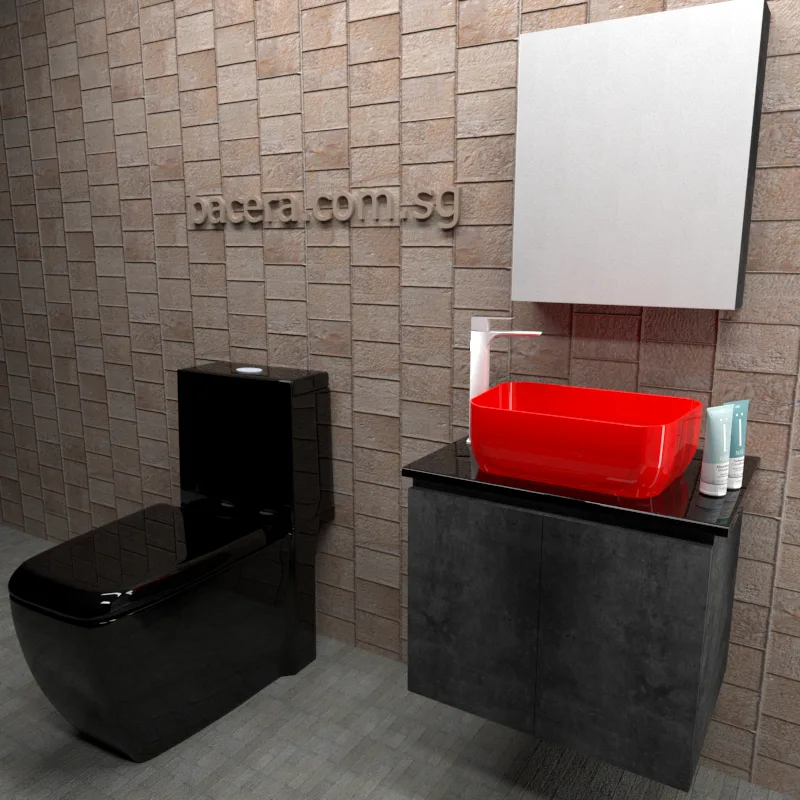 DUSCHE PVC Marble Grey Basin Cabinet 2006103MG with Black Quartz Surface Top (optional Mirror Cabinet or Mirror)