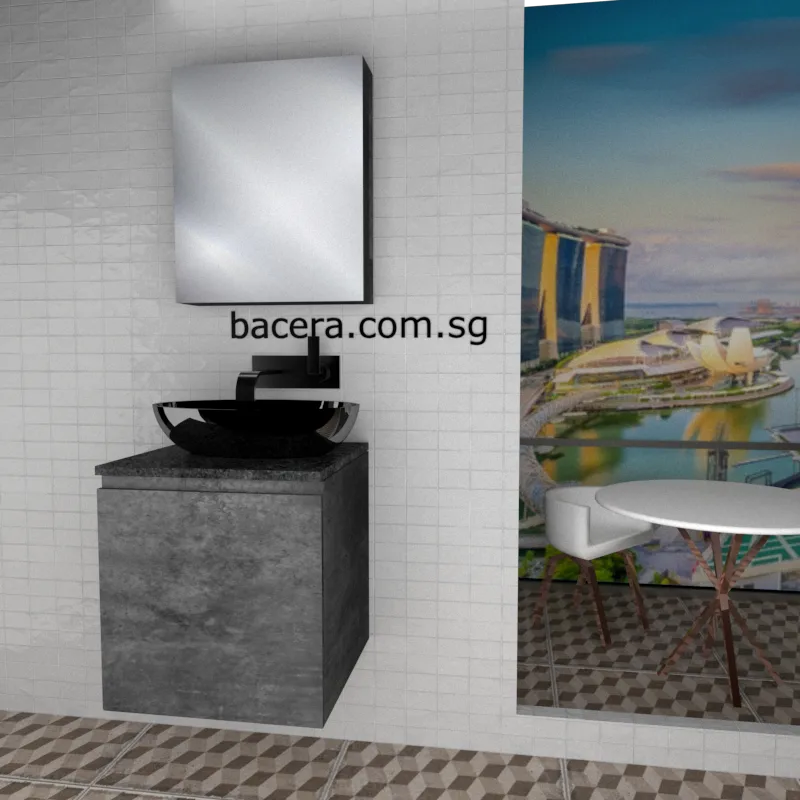 DUSCHE 2005103MG PVC Basin Cabinet Marble Grey with Black Quartz Top (optional Mirror Cabinet or Mirror)