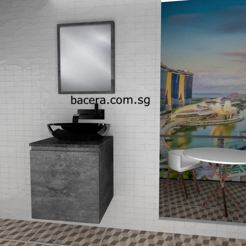 DUSCHE 2005103MG PVC Basin Cabinet Marble Grey with Black Quartz Top (optional Mirror Cabinet or Mirror)