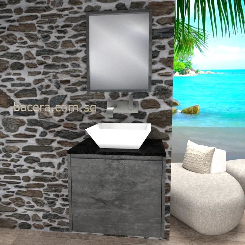 DUSCHE 2006203MG PVC Basin Cabinet with Drawer, Marble Grey with Black Quartz Top