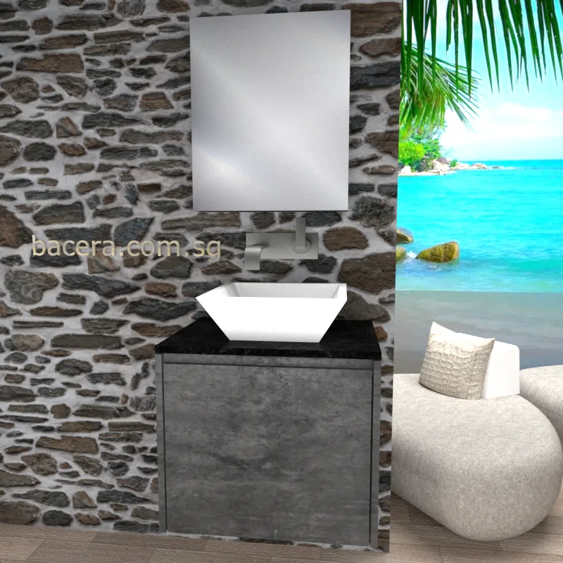 DUSCHE 2006203MG PVC Basin Cabinet with Drawer, Marble Grey with Black Quartz Top