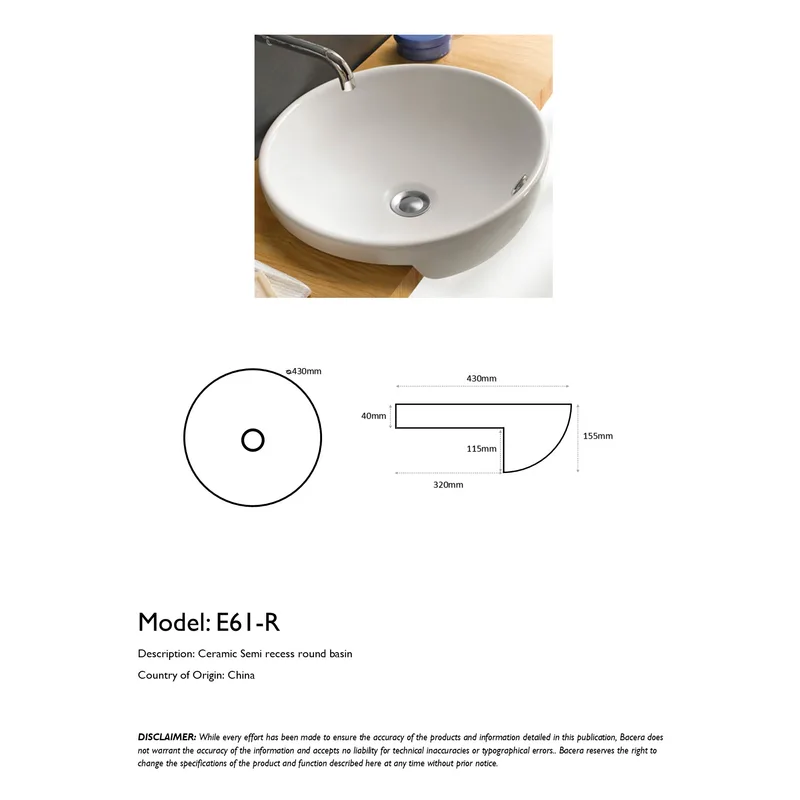 E61R Semi-Recess Ceramic Basin