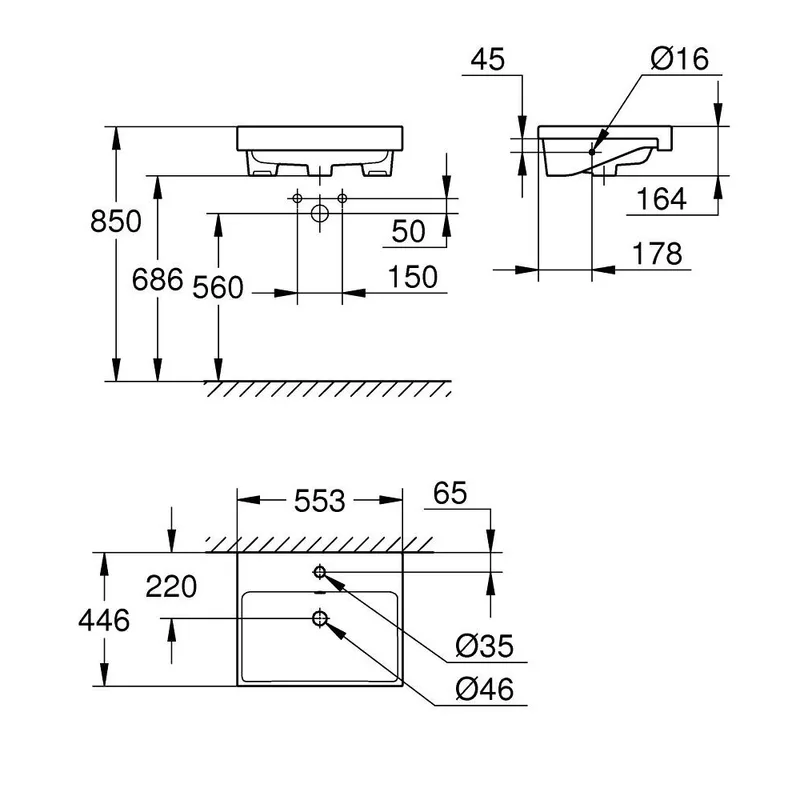 Grohe 3970800H Eurocube Semi Recess Basin 55