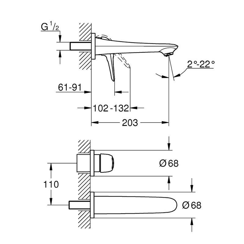Grohe Eurostyle Wall-Mounted Two-Hole Basin Mixer (19571003)