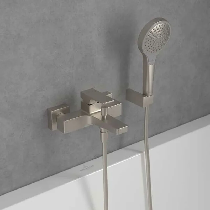 Villeroy & Boch Architectura Square Single-lever Bath & Shower Mixer (TVT12500100064, Brushed Nickel)
