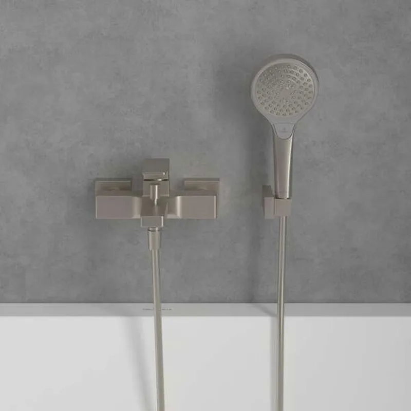 Villeroy & Boch Architectura Square Single-lever Bath & Shower Mixer (TVT12500100064, Brushed Nickel)