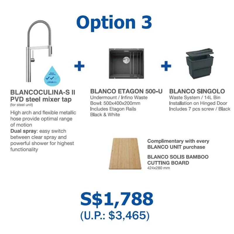 BLANCO Etagon 500-U-Level Undermount Sink (Black) with Linus Sink Mixer and Singolo Bin