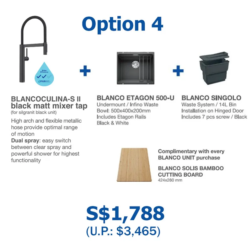 BLANCO Etagon 500-U-Level Undermount Sink (Black) with Linus Sink Mixer and Singolo Bin