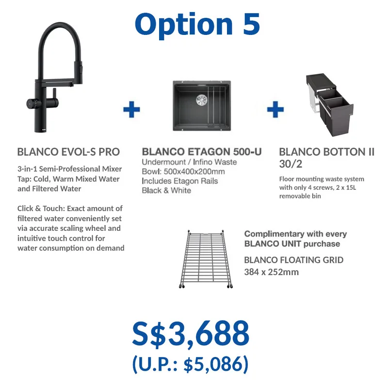 BLANCO Etagon 500-U-Level Undermount Sink (Black) with Linus Sink Mixer and Singolo Bin