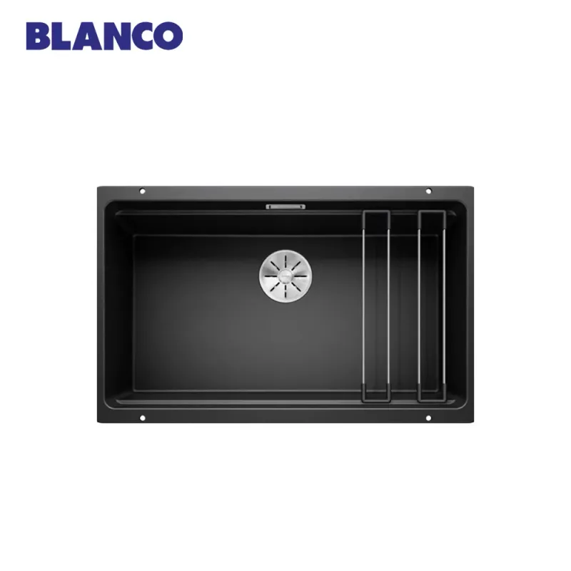 BLANCO Etagon 700-U-Level Undermount Sink (Black) with Linus Sink Mixer and Singolo Bin