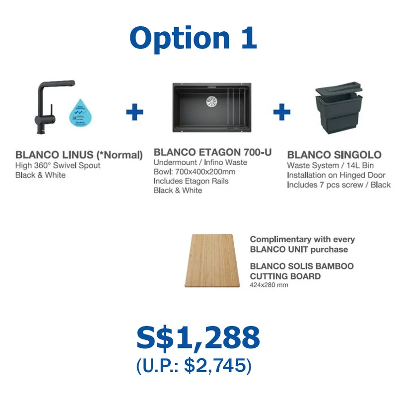BLANCO Etagon 700-U-Level Undermount Sink (Black) with Linus Sink Mixer and Singolo Bin