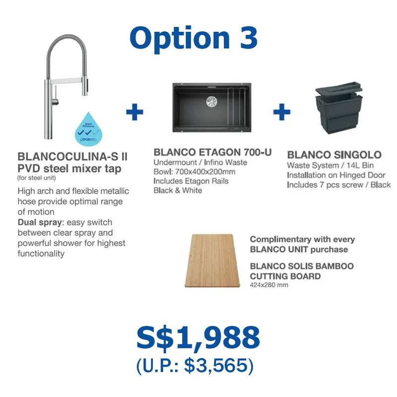 BLANCO Etagon 700-U-Level Undermount Sink (Black) with Linus Sink Mixer and Singolo Bin