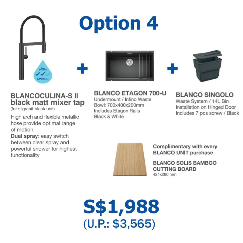 BLANCO Etagon 700-U-Level Undermount Sink (Black) with Linus Sink Mixer and Singolo Bin