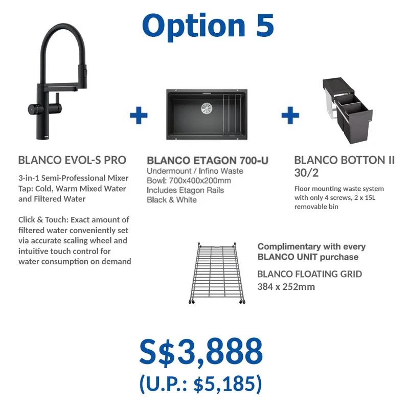BLANCO Etagon 700-U-Level Undermount Sink (Black) with Linus Sink Mixer and Singolo Bin
