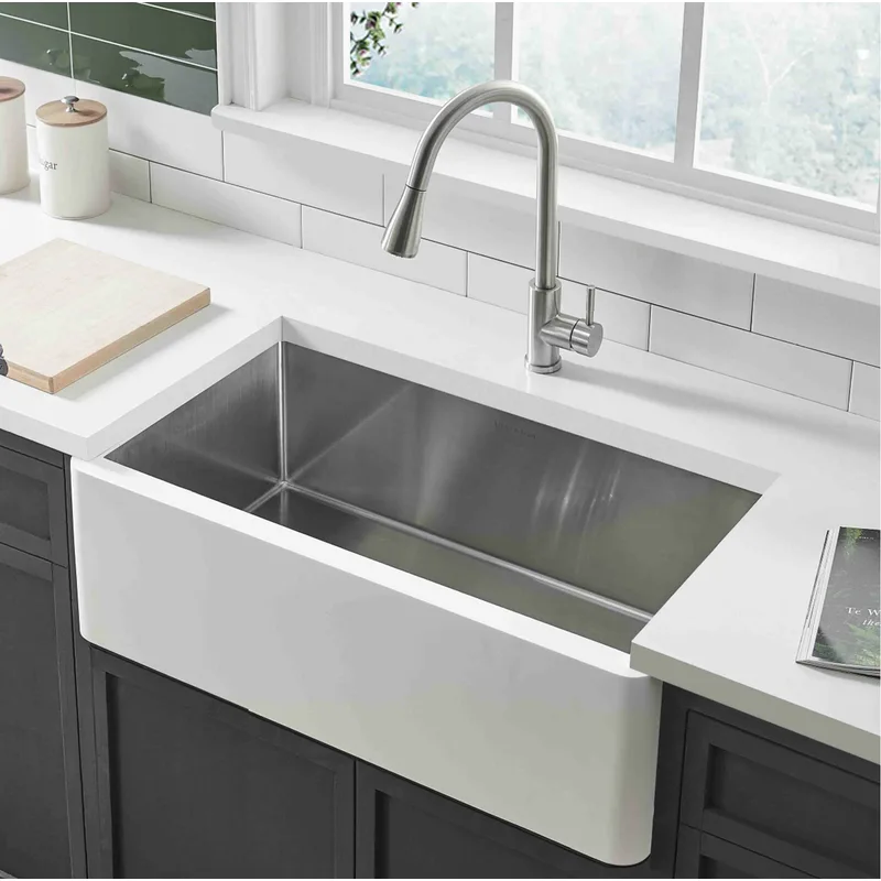 Gallen Solid Surface Stainless Steel Hybrid Farmhouse Sink