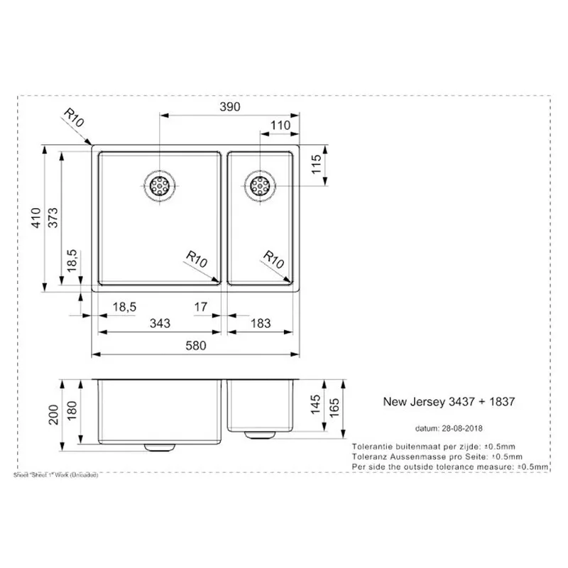 Reginox New Jersey 34x37 + 18x37 Comfort Integrated Stainless Steel Sink