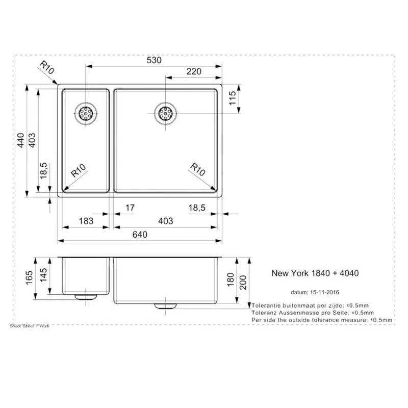 Reginox New York 18x40 + 40x40 Comfort Integrated Stainless Steel Sink