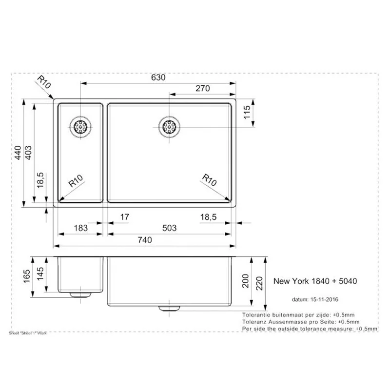 Reginox New York 18x40 + 50x40 Comfort Integrated Stainless Steel Sink